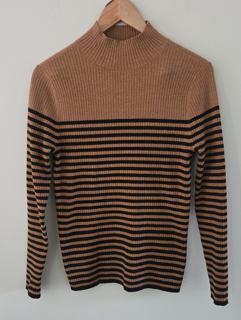 LOFT Camel and Black Striped Ribbed Mock Neck Sweater